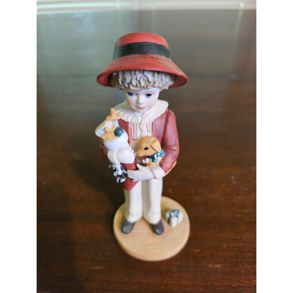 Jan Hagara Figurine Collectible Red White Victorian Boy with Puppy and Toys
